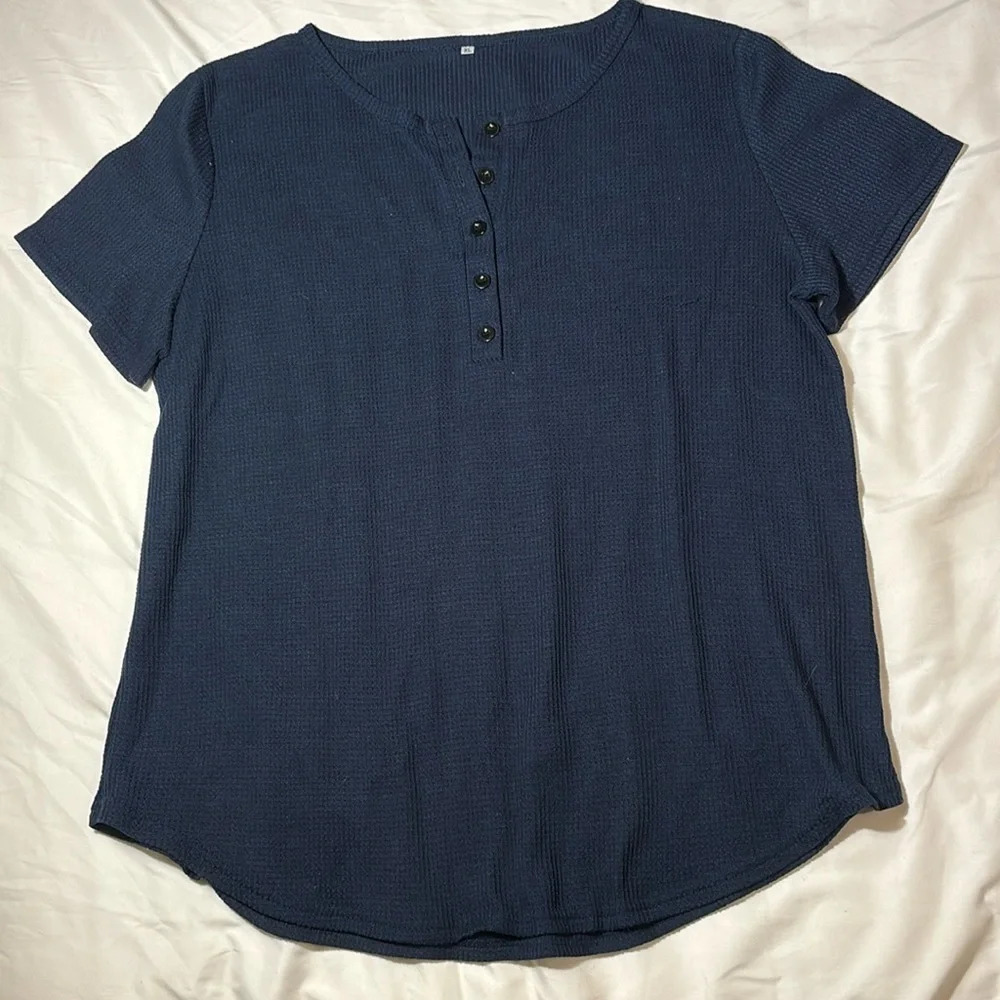 Women’s Waffle Henley Short Sleeve, Navy size XL